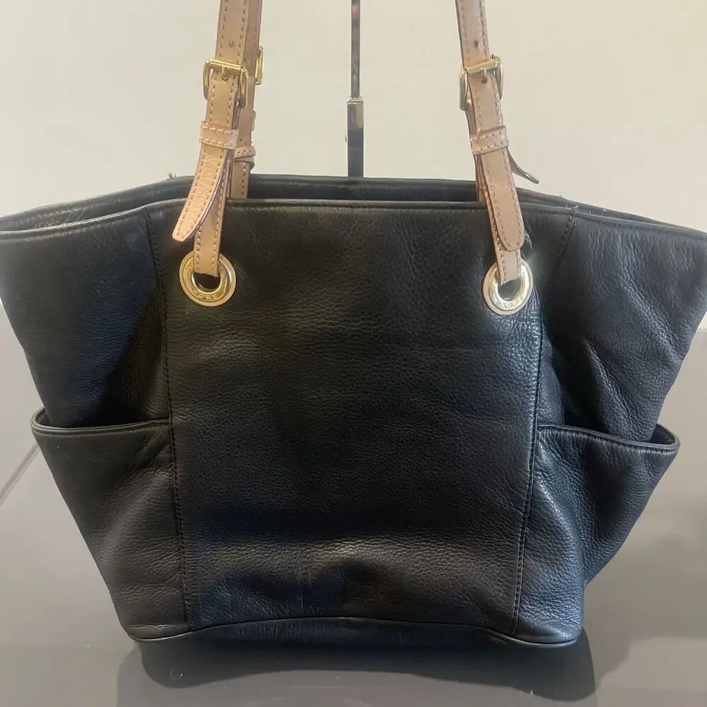 MICHAEL KORS Jet Set Black Pebbled Leather Tote Large Shoulder Handbag